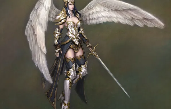 Girl, background, wings, angel, sword, art, armor