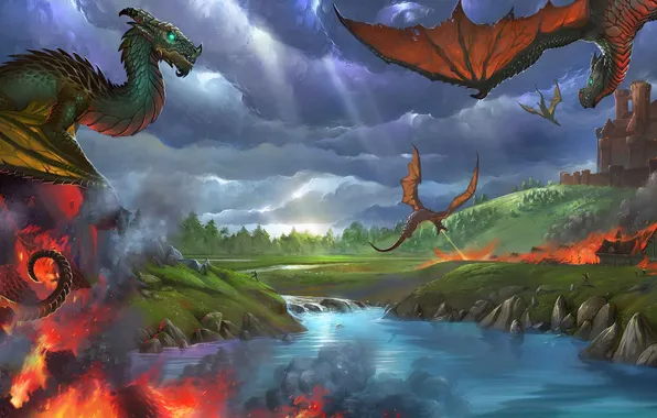 Water, river, castle, fire, dragons, art, attack, Firat Solhan
