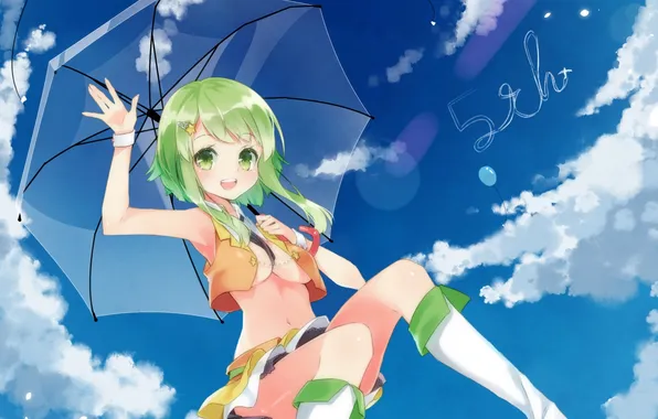 The sky, girl, clouds, balls, umbrella, anime, art, vocaloid