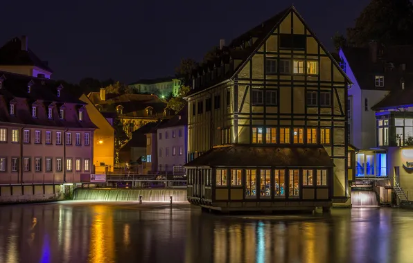 Night, bridge, lights, river, home, Germany, Bamberg