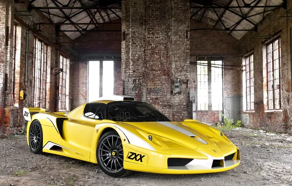 Auto, Yellow, The hood, The building, Ferrari, Enzo, Supercar, The front