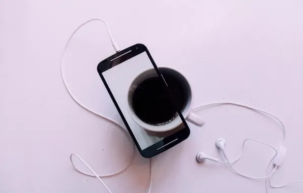 Cup, coffee, picture, cell phone, earphone