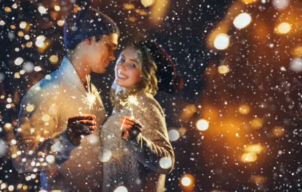 Winter, girl, snow, new year, pair, bokeh, sparklers, guy