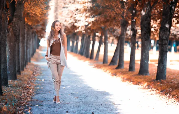 Girl, smile, alley, gait, Girl in the park, Arkhangelsk