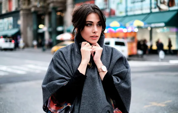 Picture girl, photo, street, watch, coat, looking, gorgeous