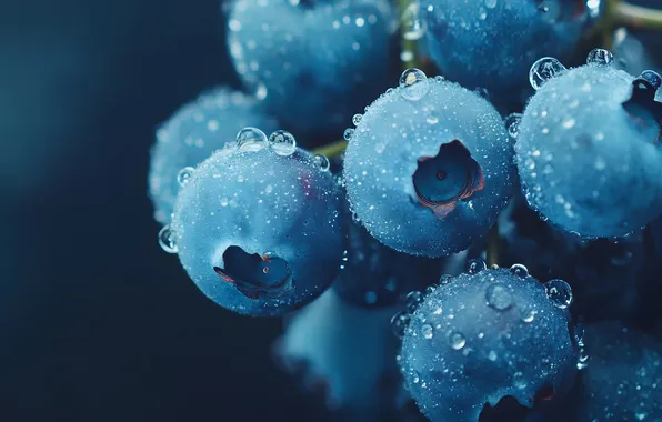 Drops, macro, berries, blueberries, blue, blue background, blueberries, AI art