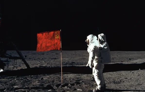 Picture the moon, people, astronaut, flag, USSR, on the moon, first