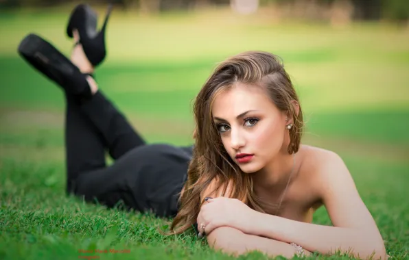 Grass, look, girl, nature, pose, makeup, shoes, brown hair