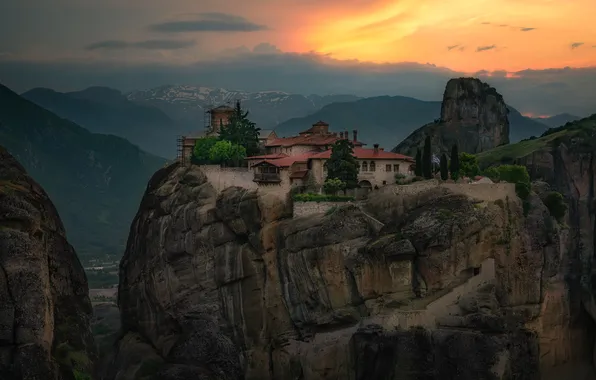 Sunset, stones, rocks, height, dal, Greece, haze, the monastery