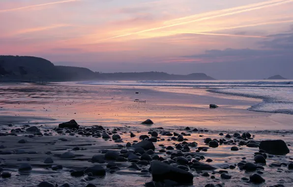 Picture sea, beach, sunset, stones