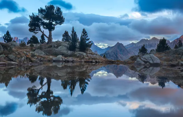 The sky, mountains, clouds, lake, reflection, stones, rocks