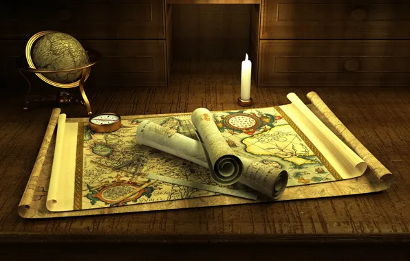 Romance, compass, candle, adventure, globe, old maps, manuscripts, treasure hunting
