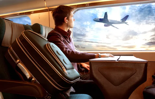 The plane, the window, guy, trip, Luggage
