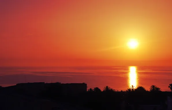 Picture sea, the sky, water, the sun, rays, sunset, orange, red