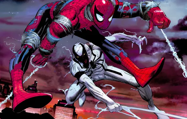 The city, web, battle, Spider-man, Spider-man, Marvel Comics, Anti-Venom, Anti-Venom