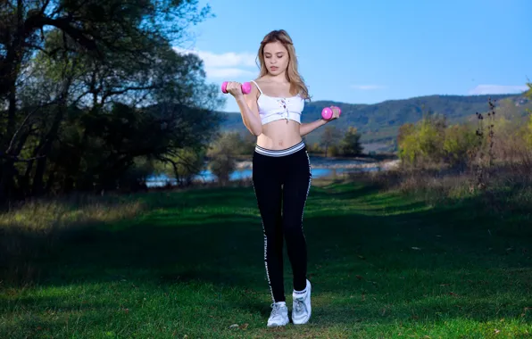 Sports, fitness, dumbbells, fresh air, topic