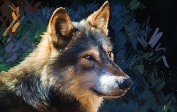 Look, face, grey, background, wolf, portrait, painting, strokes