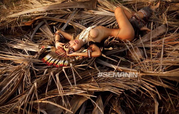 Chest, grass, look, leaves, pose, model, naked, body