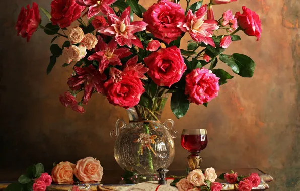 Picture flowers, style, Lily, glass, roses, bouquet, vase, still life