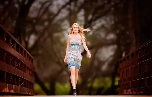 Bridge, figure, dress, bokeh, gait