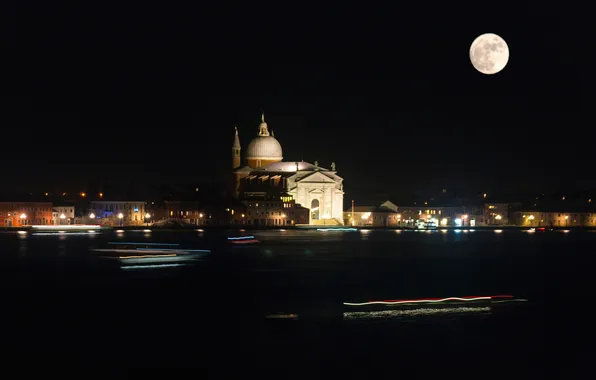 Night, lights, the moon, Italy, Venice, Cathedral, channel, track