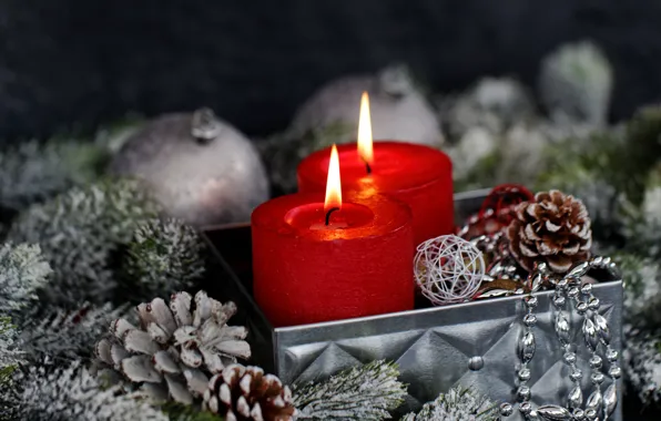 Picture new year, candles, bumps, decor, fir-tree branches