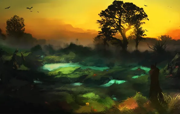 Sunset, birds, fog, tree, people, swamp, figure, traveler