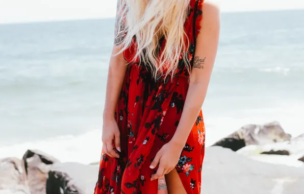 Girl, dress, blonde, tattoo