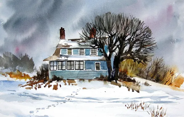 Picture landscape, house, watercolor
