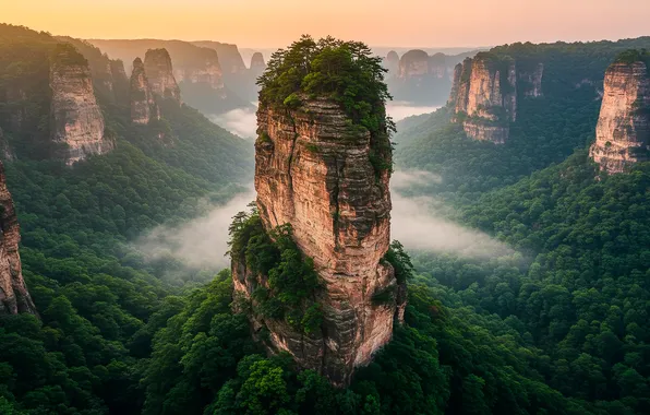 The sky, trees, mountains, fog, Wallpaper, valley, wallpaper, sky