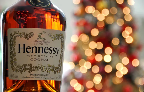 Lights, bottle, cognac, bokeh, label, Hennessy