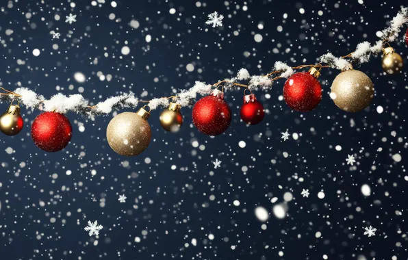 Winter, balls, snow, snowflakes, the dark background, Christmas, red, New year