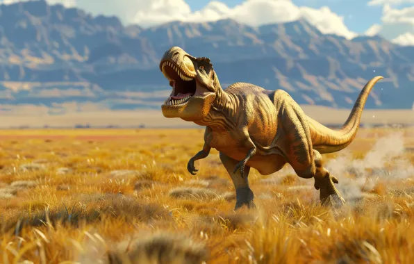 Picture Mountains, Grass, Predator, Dinosaur, Animal, Digital art, Tyrannosaurus, Grin