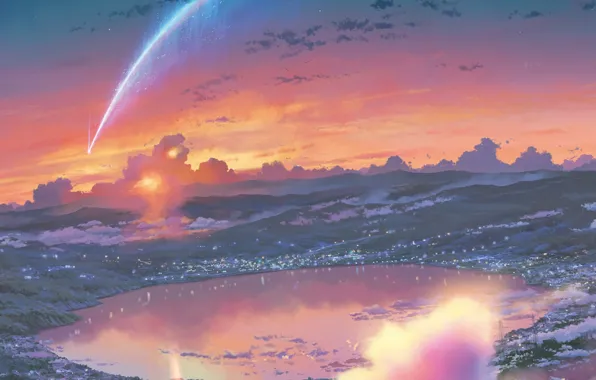 The sky, clouds, lake, lights, disaster, crater, town, meteorite