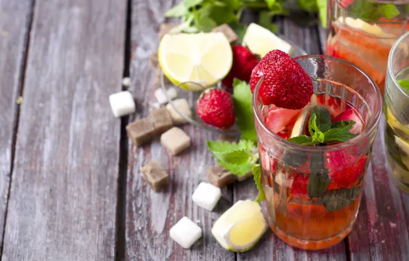 Ice, strawberry, lime, mint, lemonade