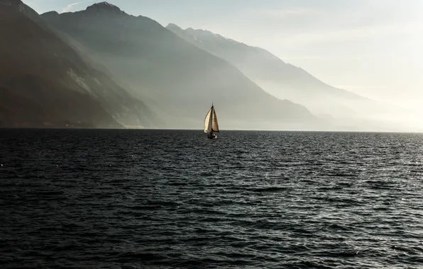 Sea, mountains, romance, coast, boat, yacht, sails, walk