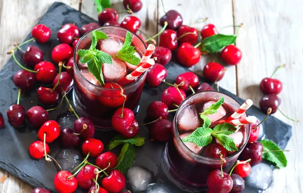 Ice, cherry, berries, drink, mint, lemonade