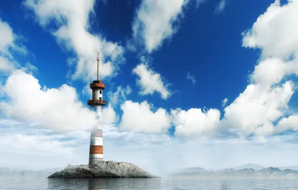 The sky, water, clouds, lighthouse, island