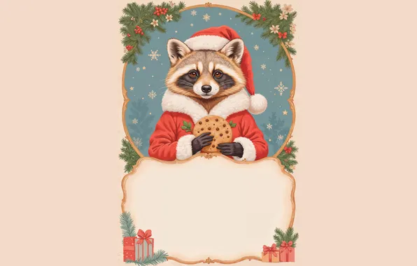 Look, frame, cookies, Christmas, gifts, raccoon, New year, face