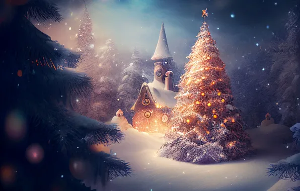 Winter, frost, roof, forest, the sky, light, snow, night