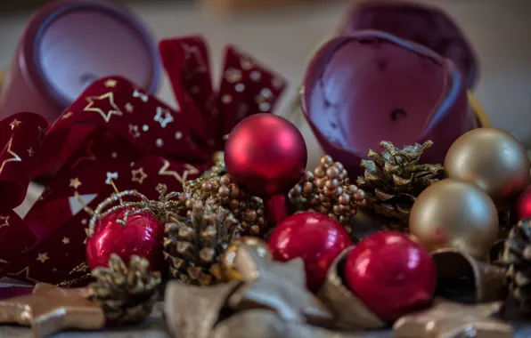 Stars, balls, holiday, balls, candles, Christmas, red, New year