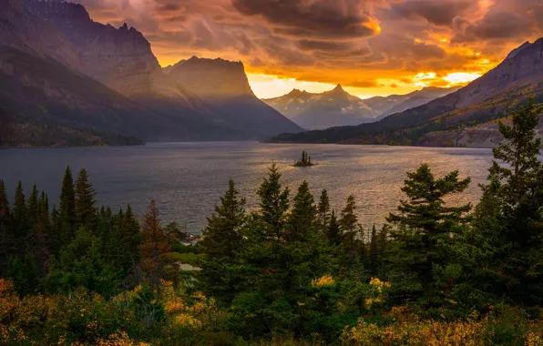 Forest, the sky, trees, sunset, mountains, clouds, lake