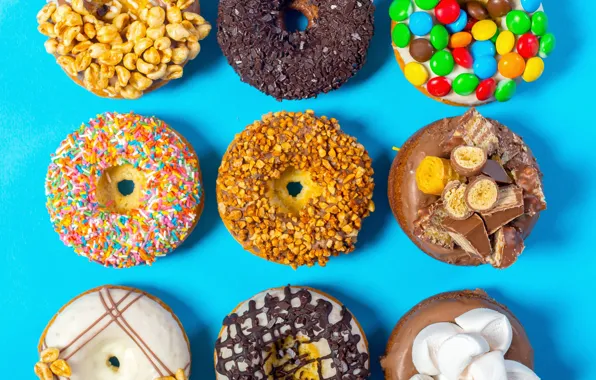 Chocolate, candy, donuts, nuts, cakes, sweet, chocolate, nuts