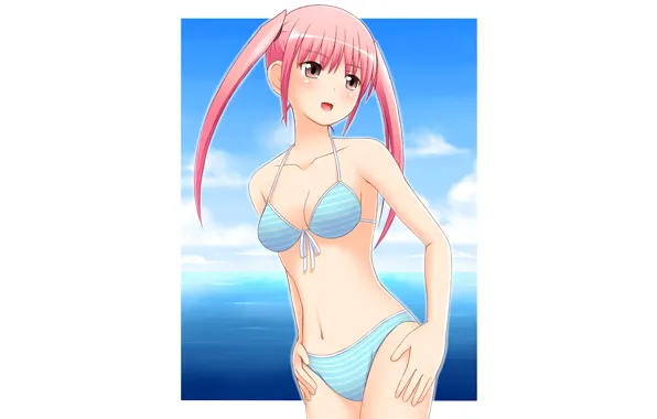 Girl, sexy, cleavage, pink hair, long hair, sea, boobs, anime