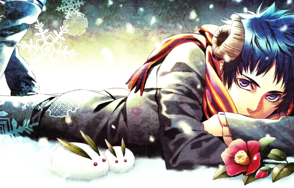 Winter, flower, snow, snowflakes, anime, scarf, art, horns