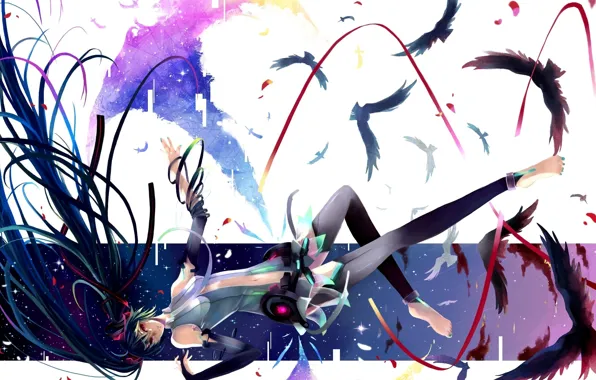 Birds, tape, anime, art, vocaloid, hatsune miku, Vocaloid, miku append