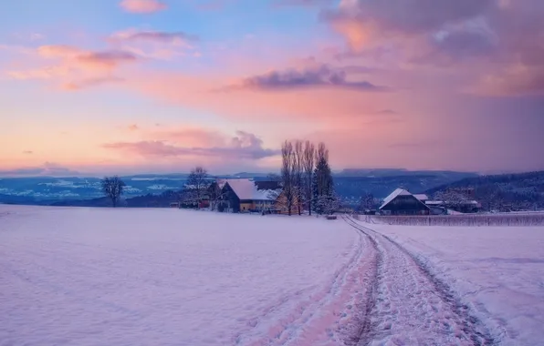 Winter, snow, dawn, village