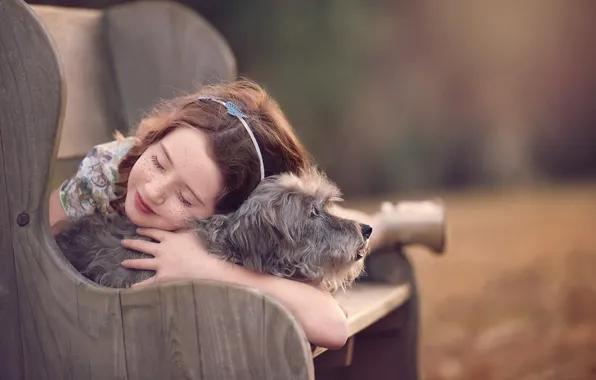 Bench, mood, dog, friendship, girl, freckles, friends, bokeh