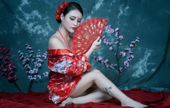 Girl, tattoo, fan, legs, kimono, Asian