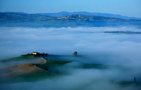 Picture the sky, mountains, fog, hills, morning, Italy, Tuscany